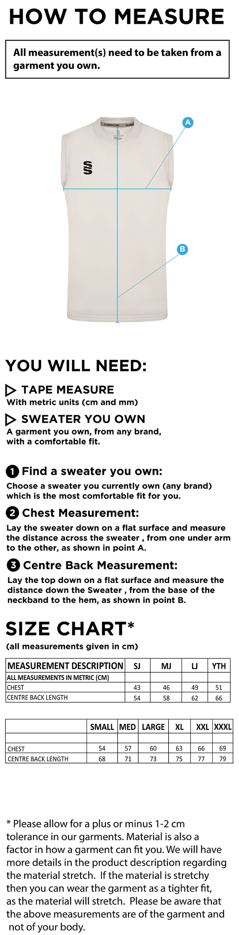Blast Sleeveless Cricket Sweater - Size Guide